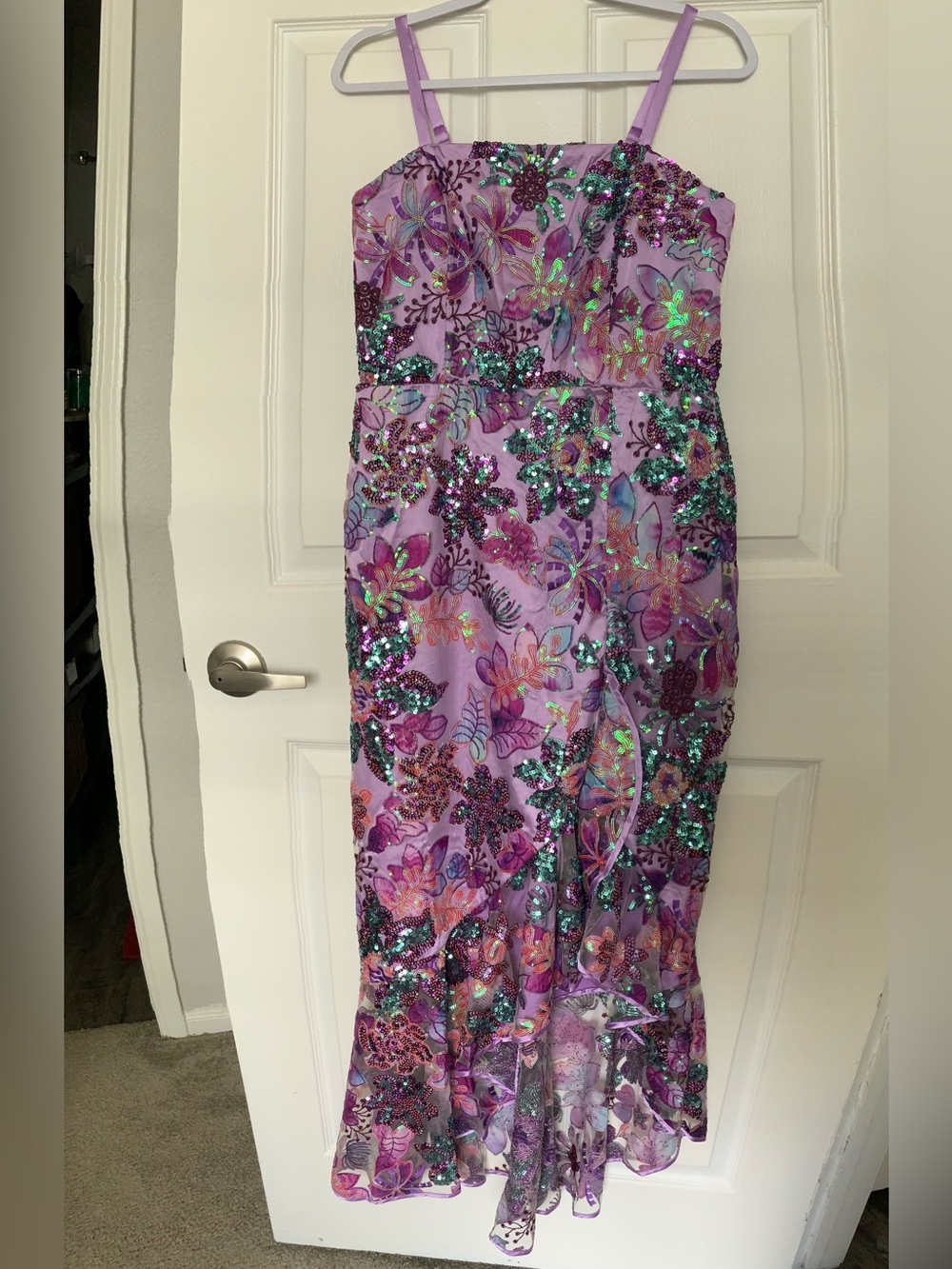Boston Proper Lavender Floral Embroidered Sequin Evening Dress